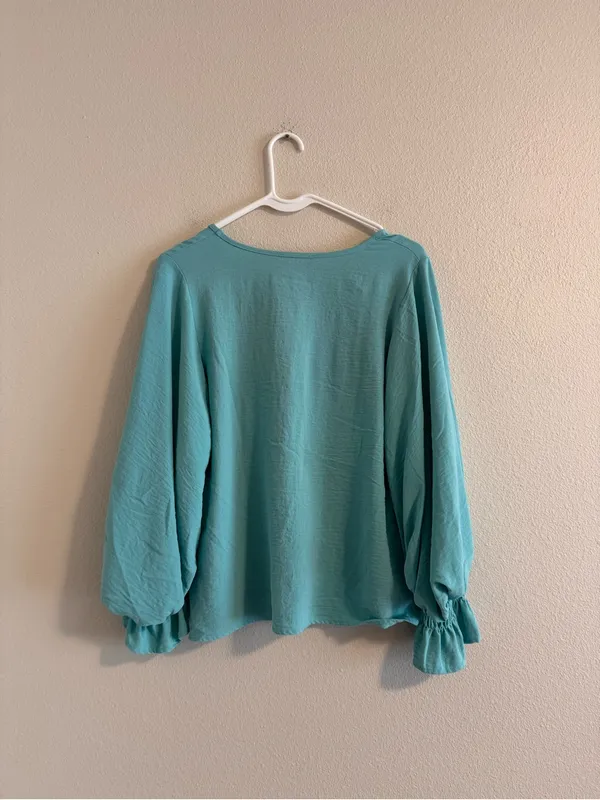 Light Teal V-Neck Blouse with Smocked Balloon Sleeves - Image 3