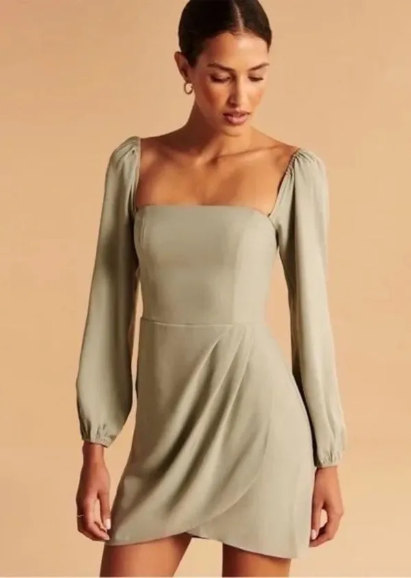Abercrombie & Fitch Long-Sleeve Draped Skirt Mini Dress Sage Green NWT - Image 2