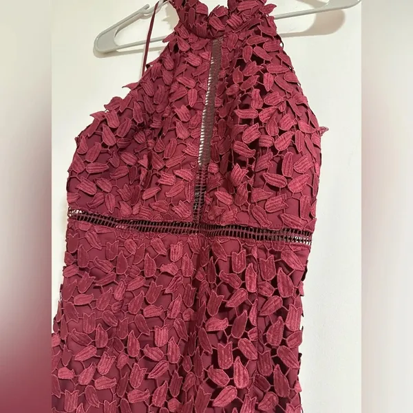 Bardot Gemma Leaf embroidered burgundy dress halter top x Revolve - Image 7