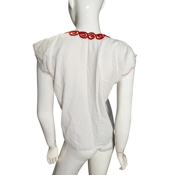 Vintage Mexican Embroidered Floral Huipil Blouse White V-Neck Cap Sleeve Top M - Image 4