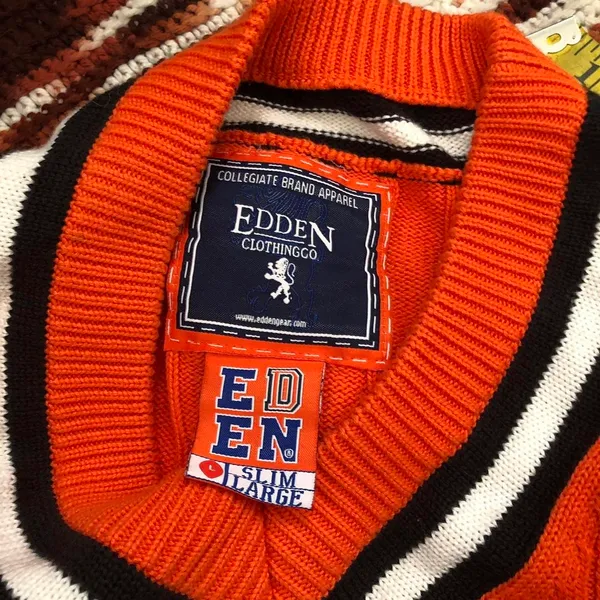 Oklahoma State University OSU Preppy Cable Knit Chunky V-Neck Sweater Collegiate Long Sleeve Orange White Sz L Measurement in pics - Image 5