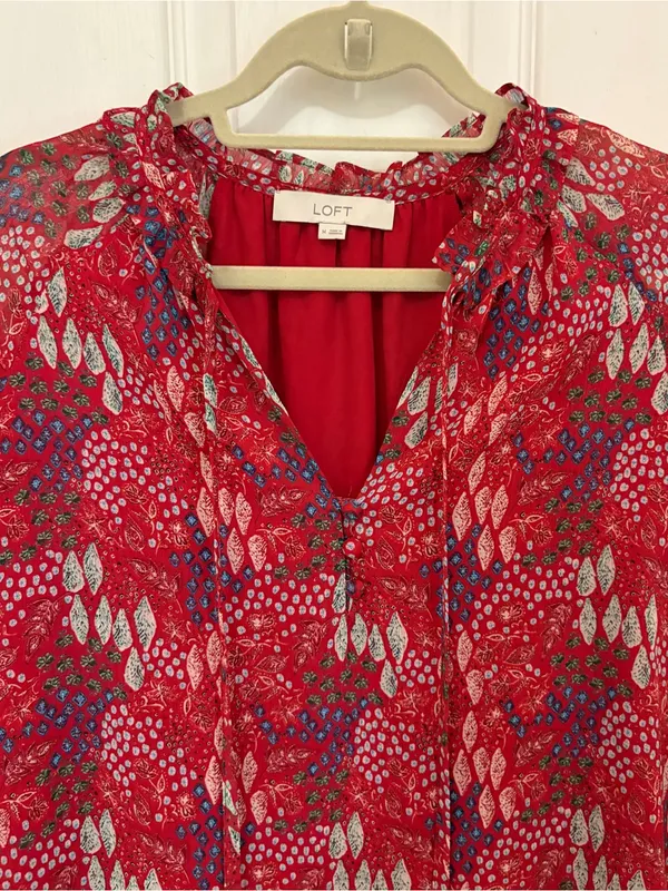 LOFT Long Sleeve Printed Red Top with Ruffle Trim - Image 3
