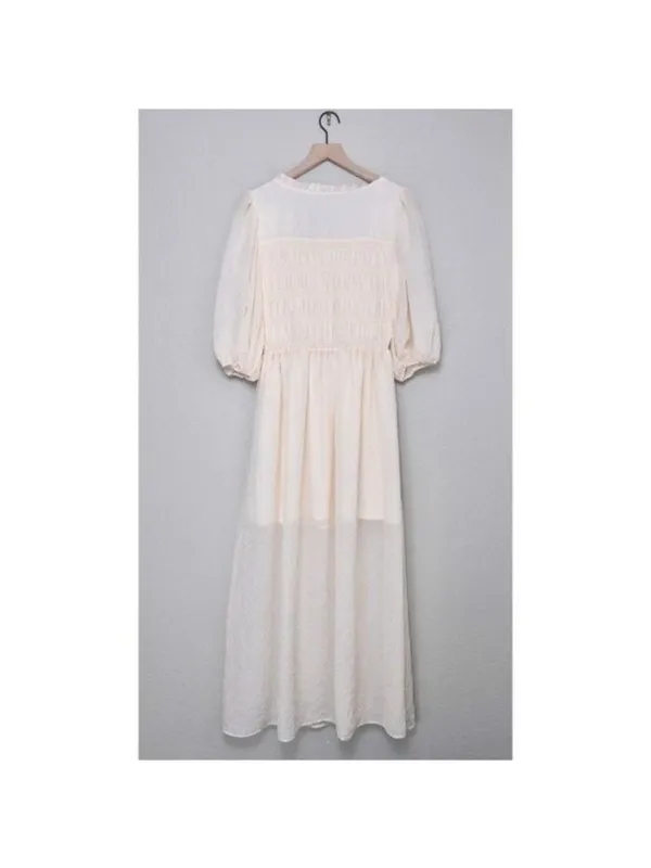 NWT All Saints Livi Tex Maxi Dress 6 Off White Ruched Puff Sleeve Smocked Slit - Image 9