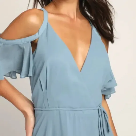 NWT Lulu's Easy Listening Slate Blue Cold-Shoulder Wrap Maxi Dress - Image 4
