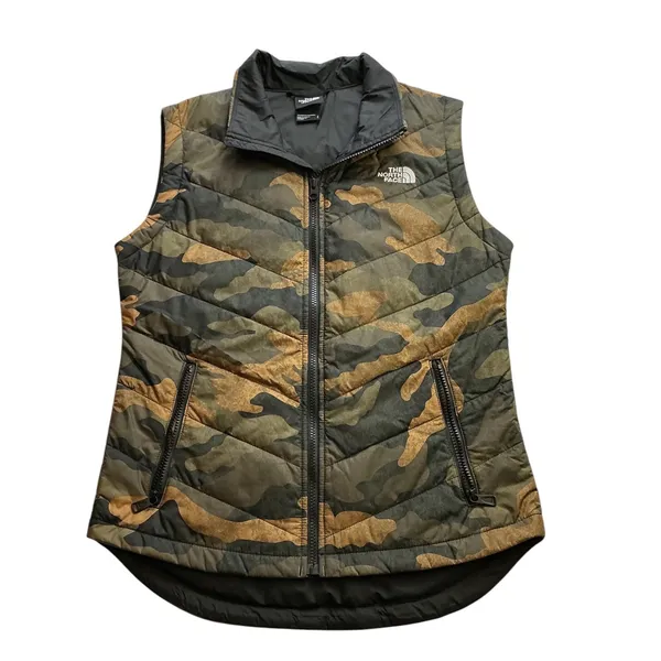 The North Face Womens Camo Puffer Vest Green Brown Quilted Full Zip Small - Image 2
