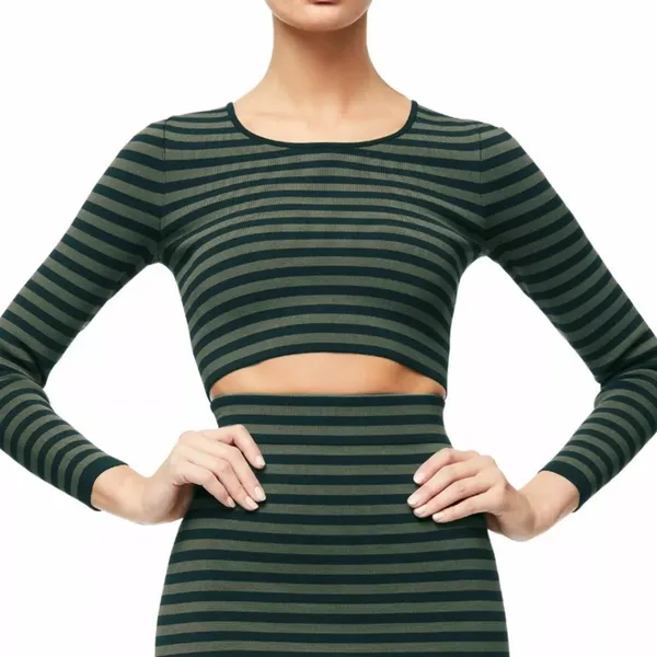 NWT‎ Good American Womens Stripe Long Sleeve Crop Top 2 medium Green/Navy - Image 2
