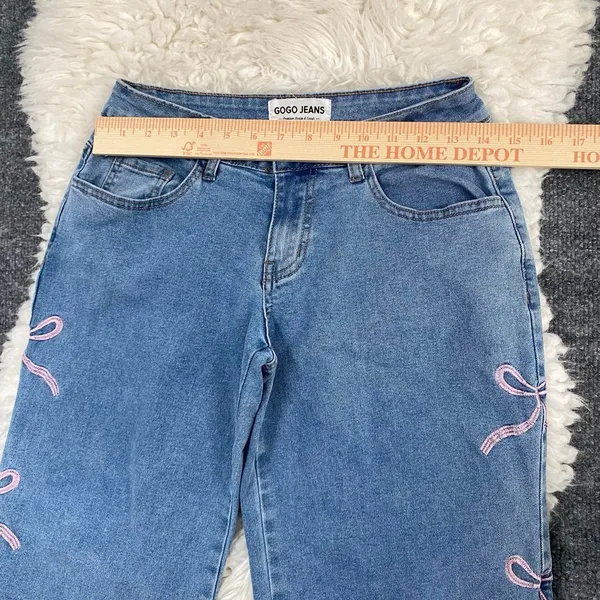 Gogo Jeans Denim Blue Wide Leg Jeans Mid Rise Pink Bow Embroidered Coquette Boho - Image 3
