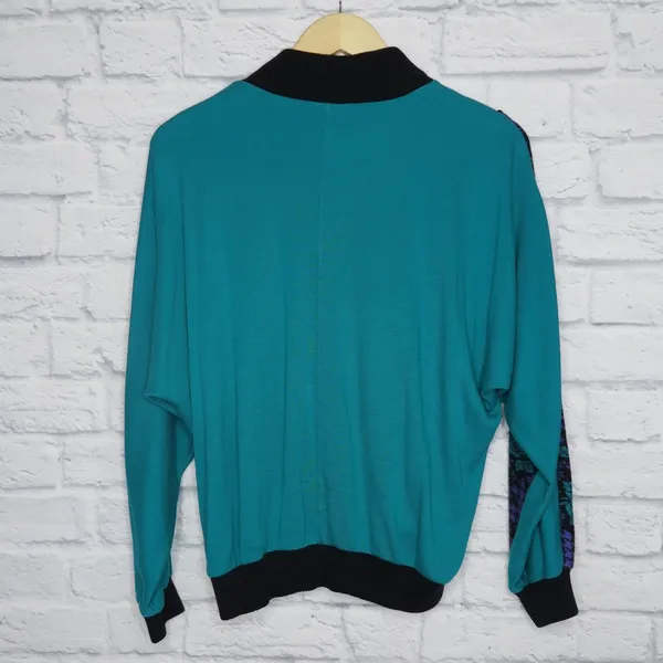 Vintage 80s Purple & Teal Houndstooth Rose Sweater - Image 6