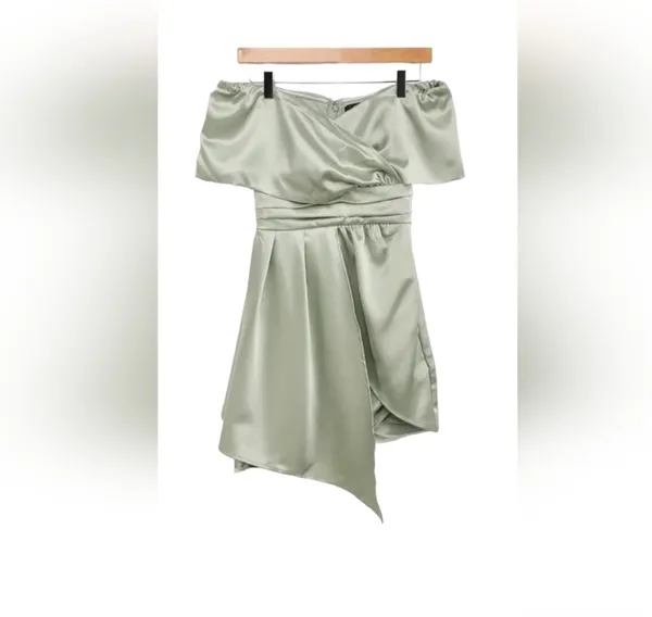 Lulus Always Celebrating Sage Green Off Shoulder Mini Dress - Image 4