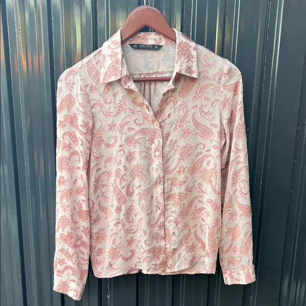 Zara Pink Sheer Paisley Embroidered Collared Button Up Blouse Boho Coast S Small - Image 2
