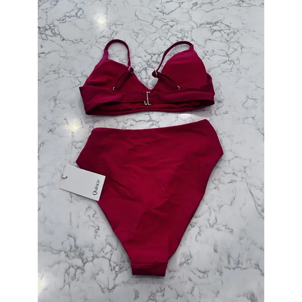 New Quince Cherry Red Italian V Neck Bikini Top & High Rise High Leg Bottoms XS - Image 2