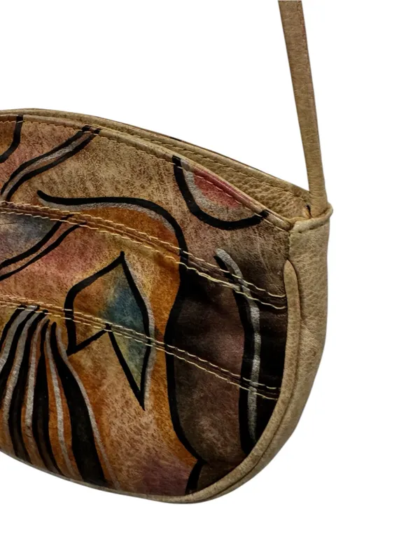 Magnifique Vintage Abstract Hand Painted Genuine Leather Half Moon Crossbody Bag - Image 6