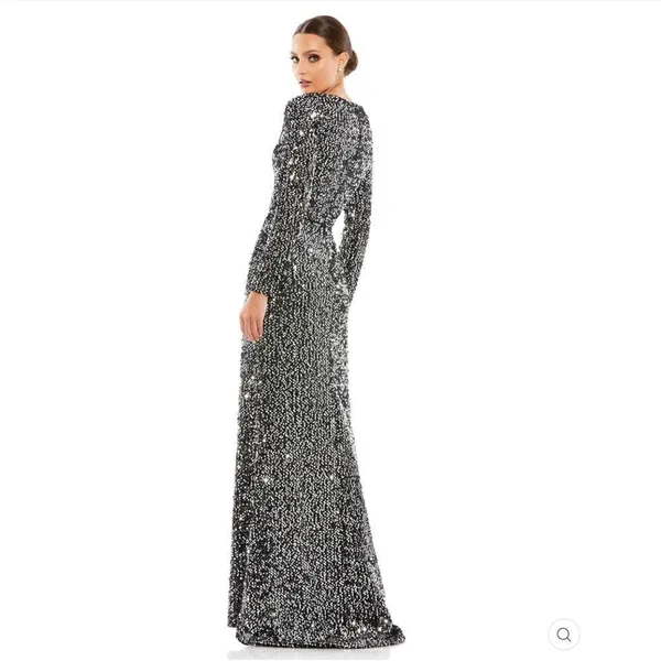 Mac Duggal 26445 Long Sleeve Sequin Gown Black Silver 14 - Image 3