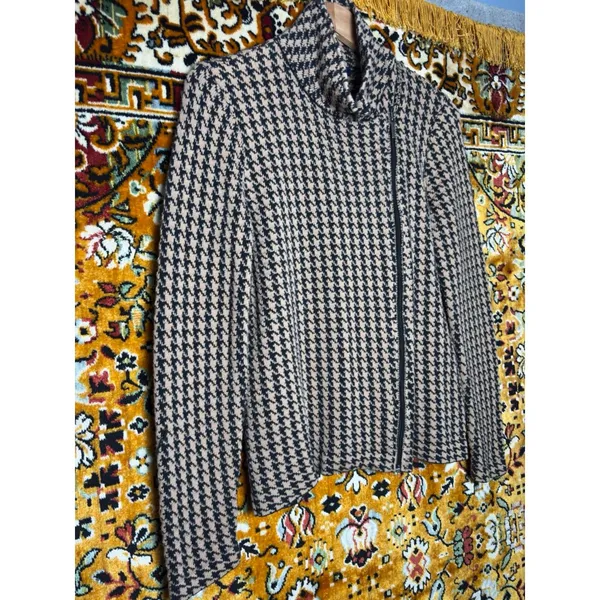 Chaps Houndstooth Asymmetric Zip Cowl Neck Sweater Soft 100% Cotton Size L - Image 2