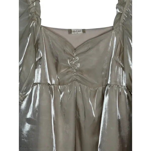 Altar'd State Babydoll Top Women Medium‎ Champagne Gold Metallic Puff Sleeve - Image 5