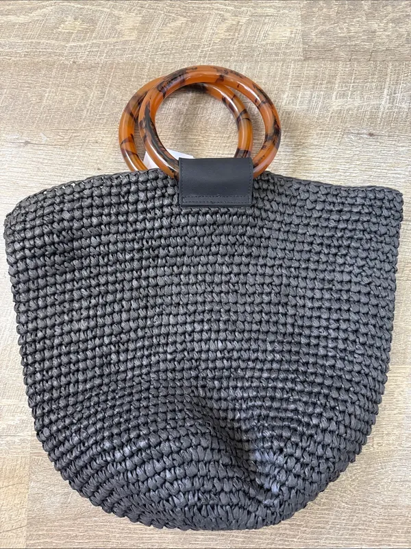 NWT & Other Stories Black Woven Tote Bag with Tortoiseshell Handle - Image 4