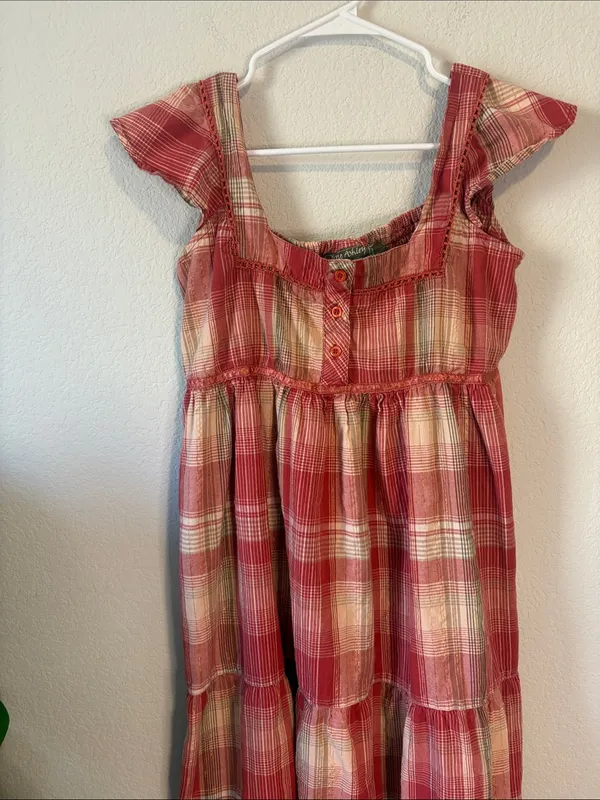 Vintage Jane Ashley Red Plaid Tiered midi dress with tie waist on back small - Image 3