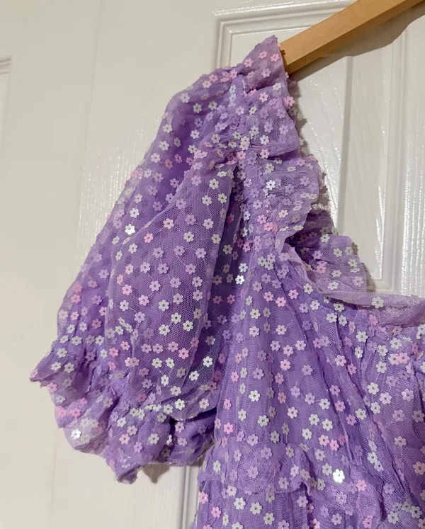 Buddy Love “Jac Puff” Sequin Purple Dress | M | Like-new Lavender Floral Overlay - Image 6