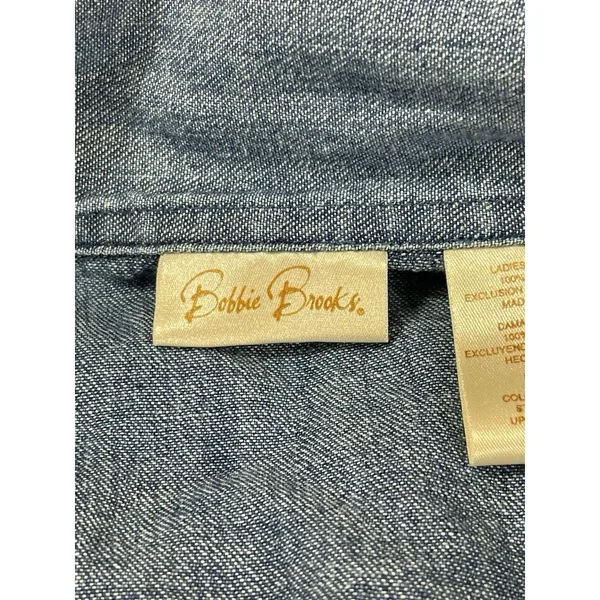 VTG 90s Bobbie Brooks Embroidered Floral Mixed Denim Shirt Button Up L Boho - Image 7