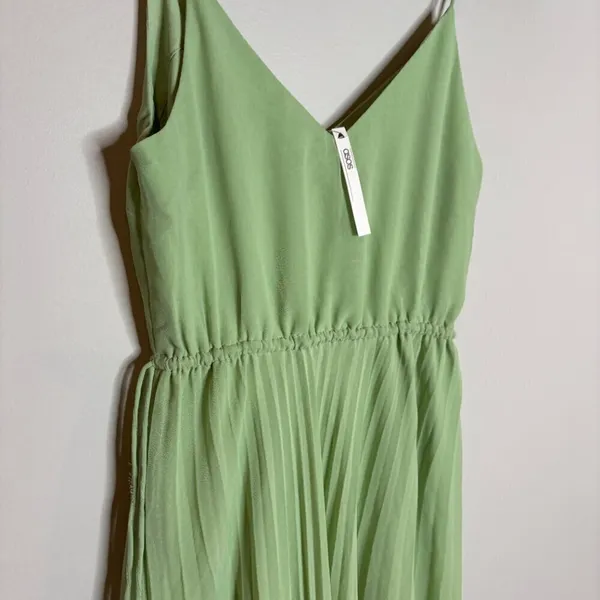 ASOS Design Pleated Cami Maxi Dress Drawstring Waist in Sage Green - Image 3