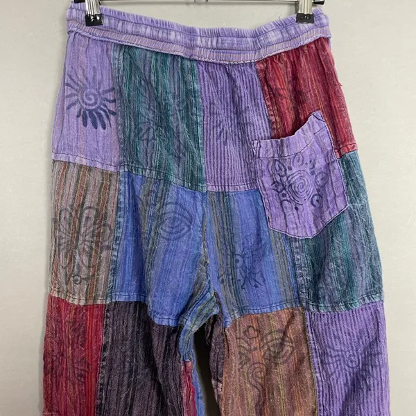 Patchwork Jogger Pants Travel Hippie Purple Red Blue Elastic Waist Cotton Nepal - Image 5