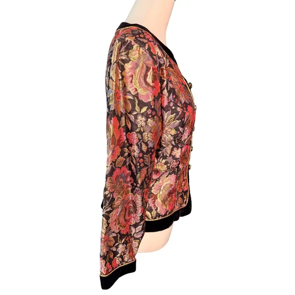 Vintage 80s Scott McClintock Floral Brocade Velvet Evening Jacket Gold Approx M - Image 3