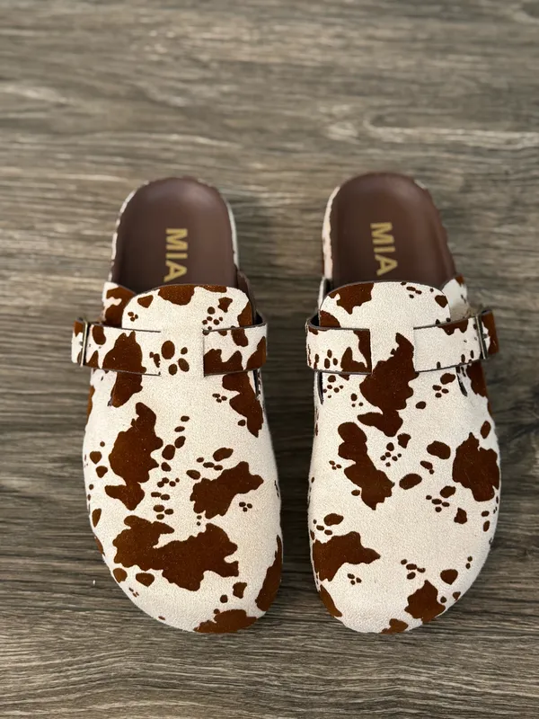MIA Gipsy Cow Print Buckle Clog Mules Size 7.5 - Image 7