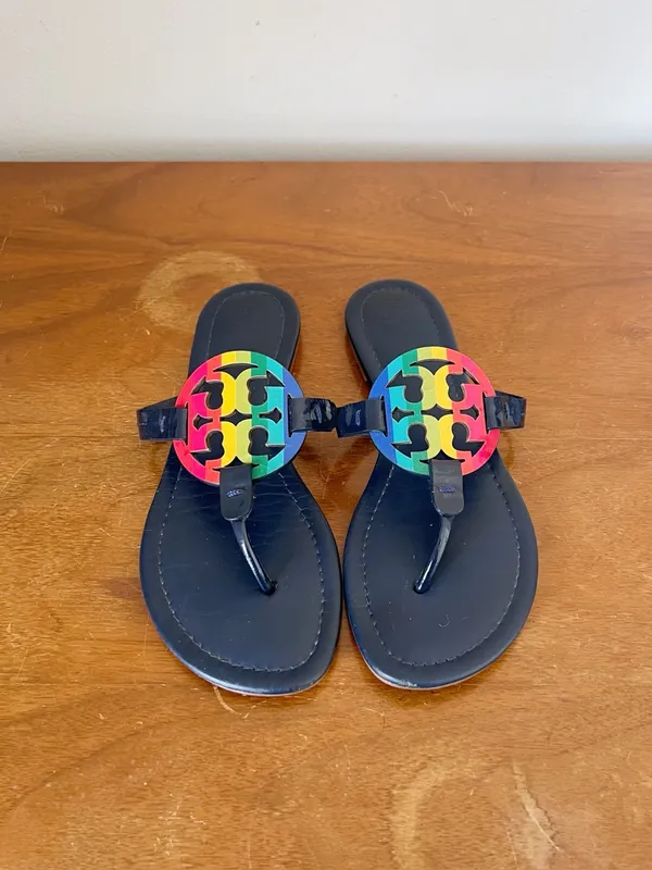 Tory Burch • Miller Sandal Rainbow / Royal Navy leather slide thong flip flop - Image 4
