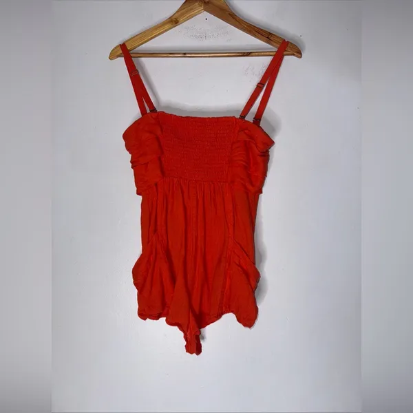 Anthropologie Strapless/ Sleeveless Linen Romper Jumpsuit‎ Mini Orange Red XS - Image 3