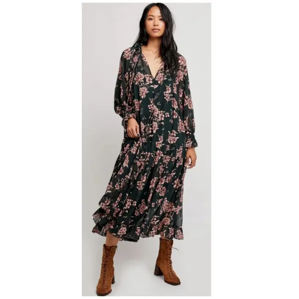 NEW FREE PEOPLE Feeling Groovy Floral-print Chiffon Maxi Dress Size Large - Image 2