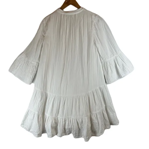 Faherty White Organic Cotton Gauze Tiered Bell Sleeve Mini Dress Small - Image 2