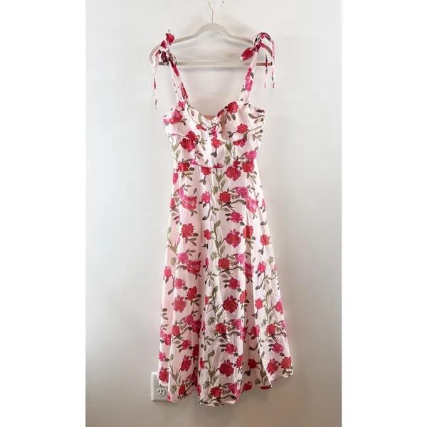 Here Comes the Sun Floral Tie Strap Fit & Flare Midi Dress White Pink Medium - Image 2