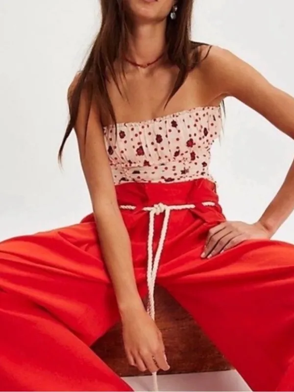 Free People Cream Scottie Printed Tube Sleeveless Top Stretchy Sz L BarbieCore - Image 3