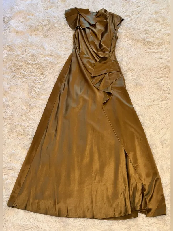 NEW ACLER Ramshaw Metallic Pleated Satin Gown golden moss Sz 4 - Image 5