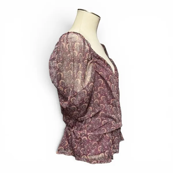 American Eagle Faux Wrap Cropped Blouse Top Sheer Purple Floral XL - Image 4