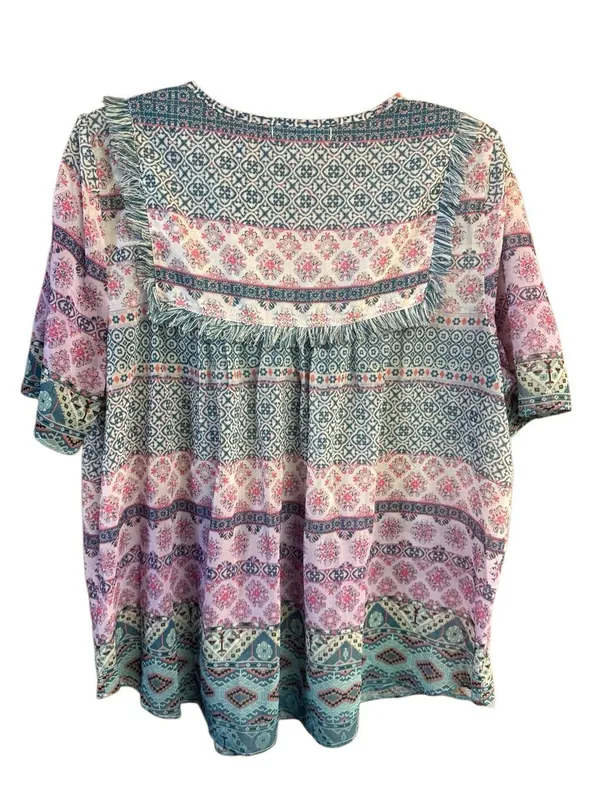 Farmers Market mosaic geo-stripe print fringed neckline tassel ties Sz 1X NWOT - Image 2
