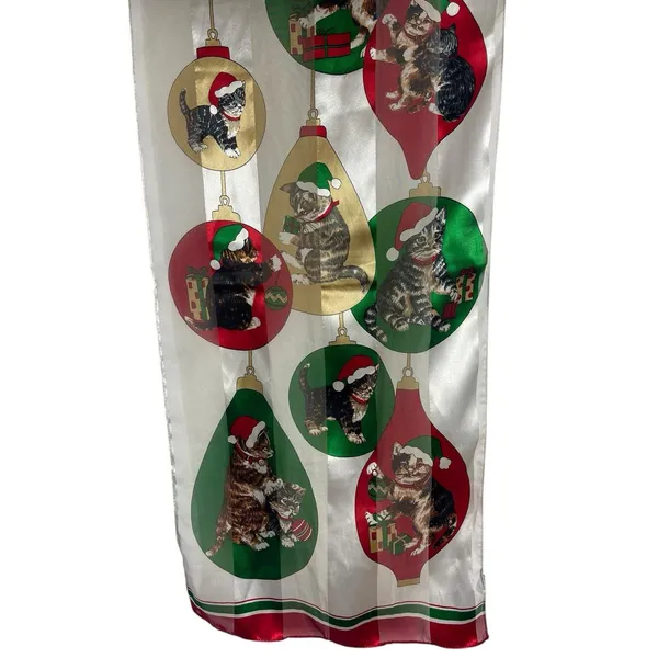 Cute VTG Christmas Cat Scarf Satin Feel Polyester Holiday Kittens Ornaments - Image 2
