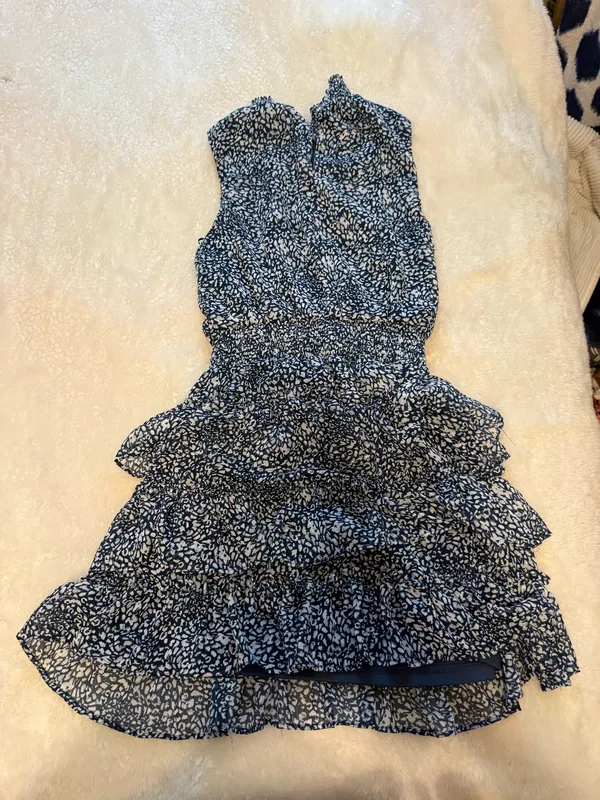Navy Blue and White Print Dress, 1State, Ruffles Skirt Bottom - Image 2