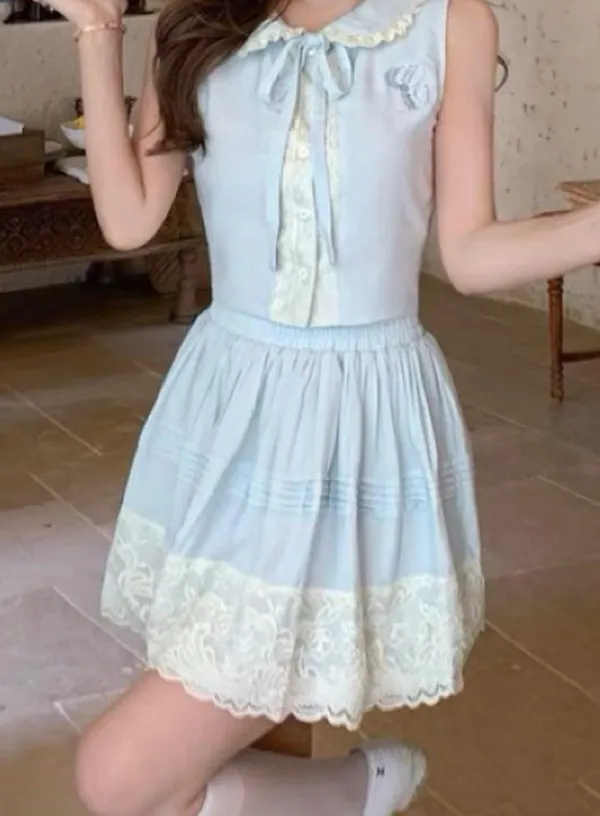 Japanese Kawaii Pastel Baby Blue Cottage Balletcore Lolita A-line Mini Skirt - Image 2