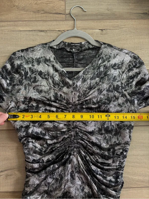 Isabel Marant Diego Floral Ruched Print Stretch Silk Blend Silver Black Top 36 - Image 8