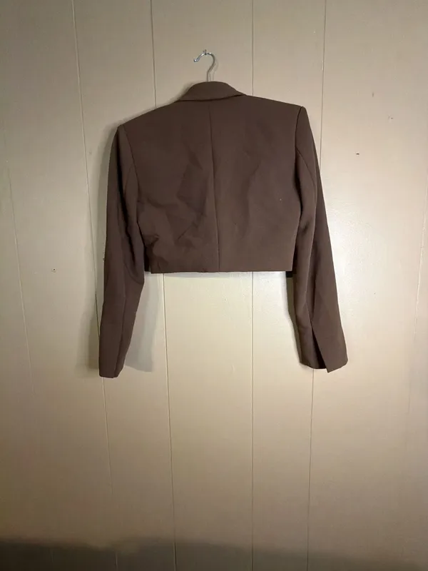 Zara Cropped Shoulder Pad Blazer in Brown - Image 3