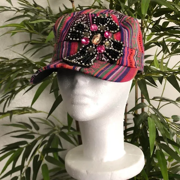 Y2K Boho Chic Kitschy Gypsy Hippie Aztec Western Beaded cross messenger cadet military newspaper baker boy cap hat - Image 2