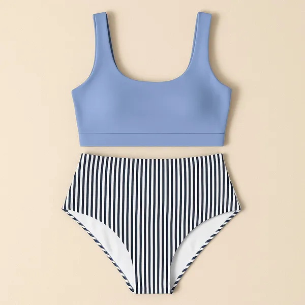 Blue Purple Bikini Set High Waist Striped Bottom Padded Swimwear M NWT - Image 2