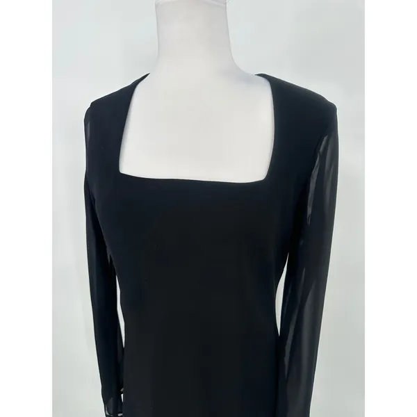 Evan Picone Black Midi Dress 12 Sheer Sleeve Asymmetrical Hem Y2K Cocktail LBD - Image 8