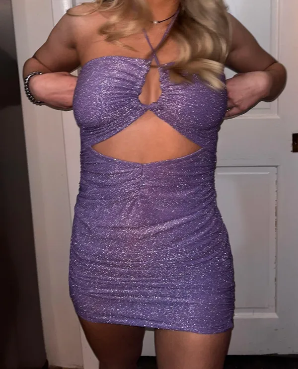 Sparkly Purple Ruched Cut Out Dress - Image 3