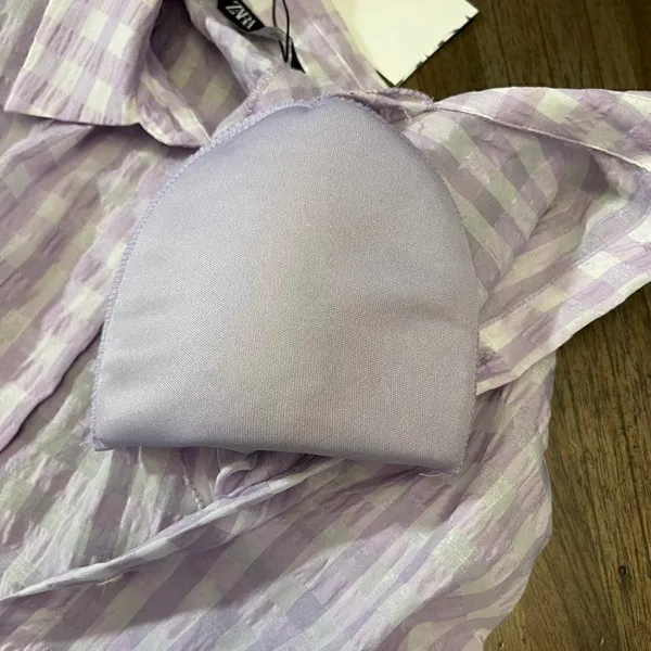 Zara Cropped Lilac Gingham Shoulder Padded Poplin Shirt - Image 8