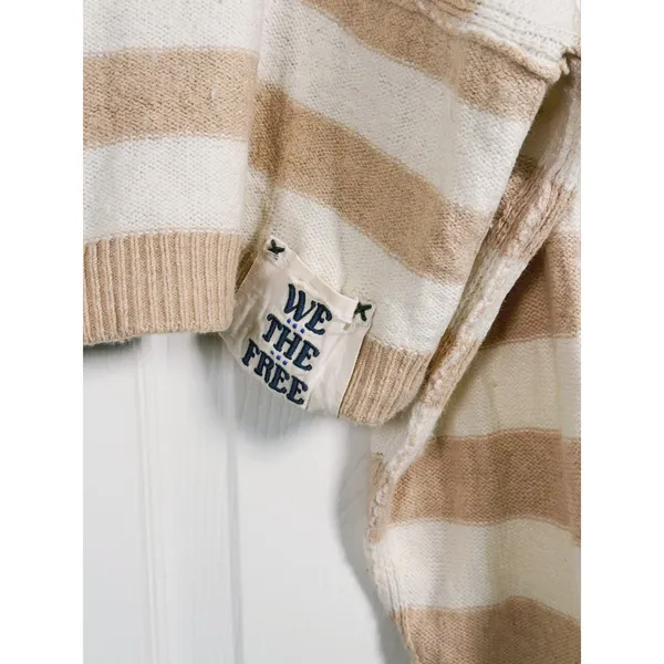 We The Free Into The Blue Striped Sweater Crop Small Tan Cream Granola Cozy Fall - Image 9