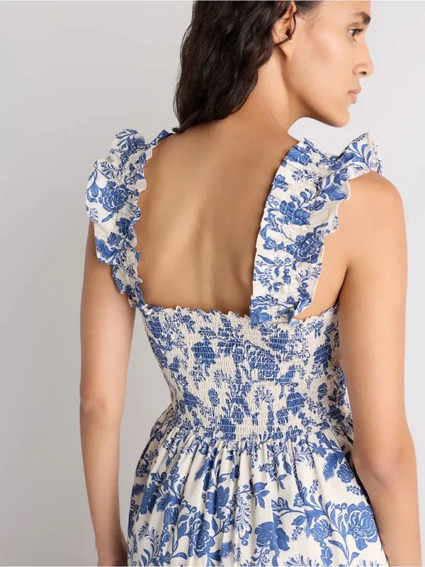 Quince Riviera Blue Heirloom Floral Cotton Poplin Smocked Tiered Midi Dress L - Image 4