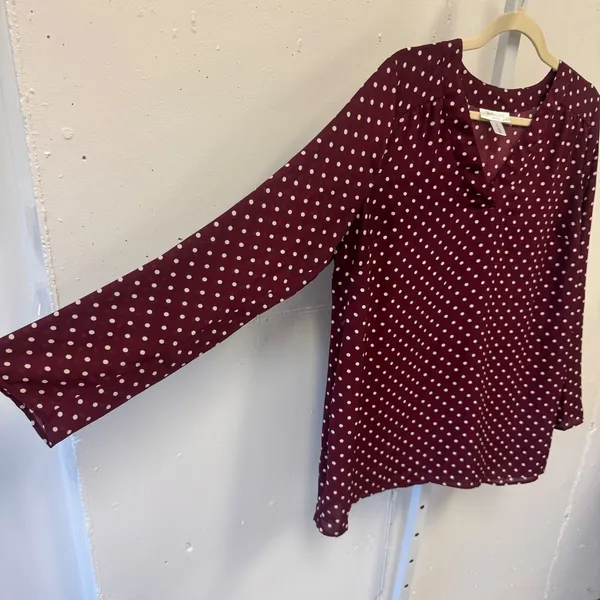 Motherhood Maternity Blouse Small Burgundy Polka Dot V-Neck Long Sleeve Top - Image 3