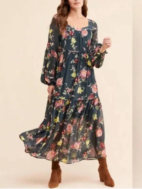 Anthropologie Women’s Evelin Square Neck Floral 3/4 Length Sleeve Maxi Dress S - Image 12